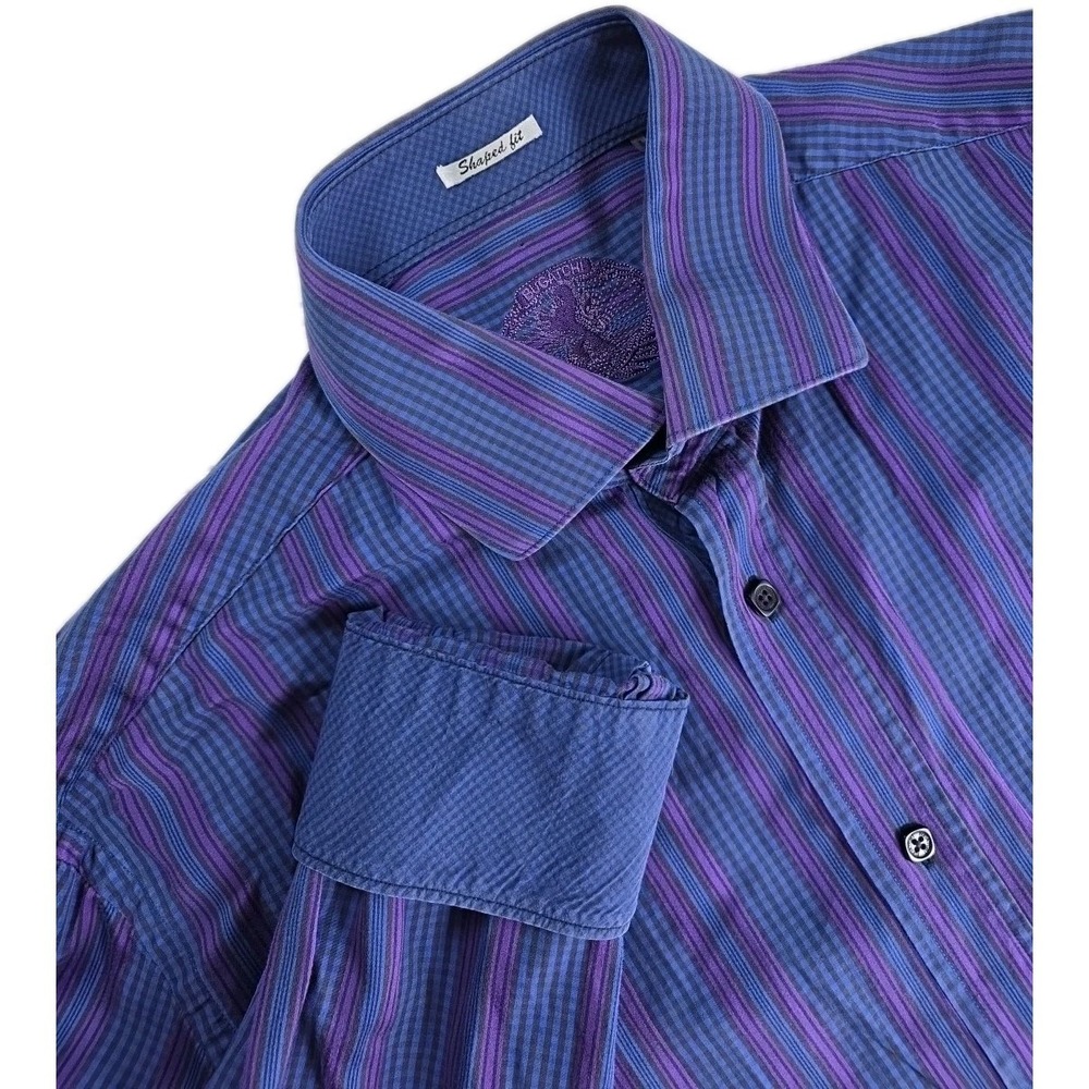 Bugatchi Shaped Fit Button Down Shirt Mens XL Blue Purple Striped Luxury